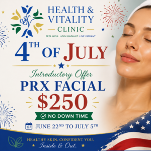 Woman with eyes closes, smiling and relaxed. Get a PRX Facial for $250 June 22 - July 5.
