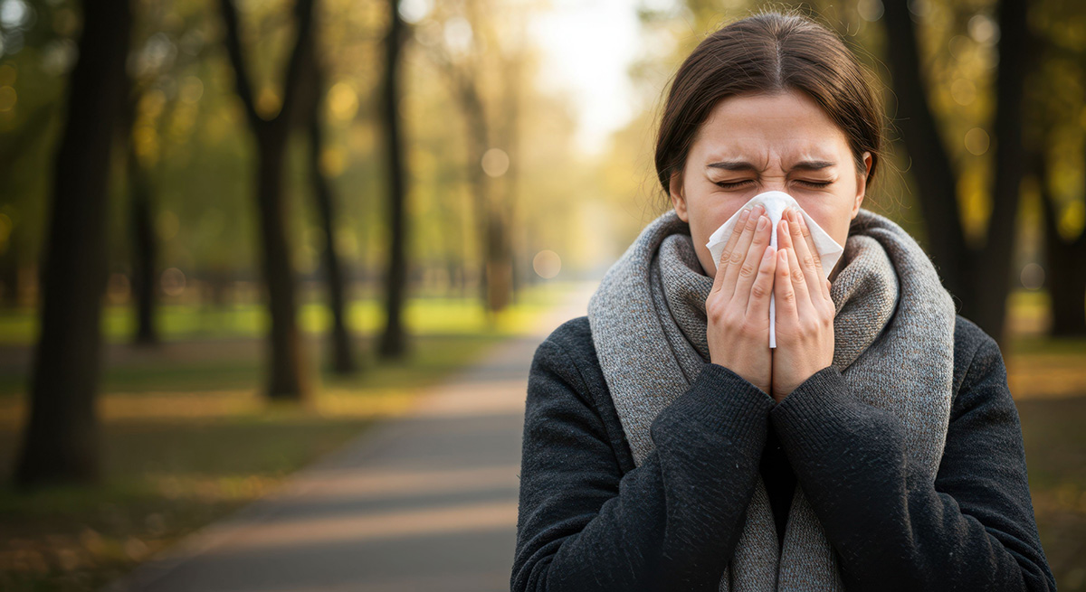 Woman experiencing seasonal allergy symptoms outdoors in fall