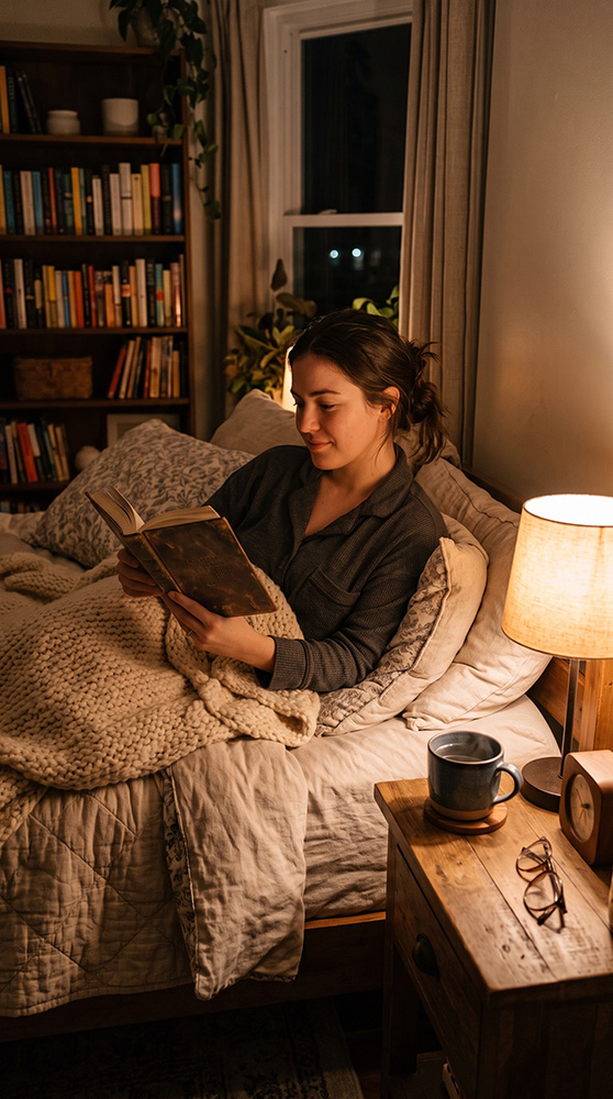 Woman relaxing in bed with a book and tea as part of a healthy sleep routine during allergy season